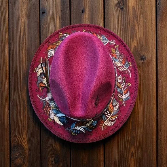 Hand Burned and Painted Wide Brim Fedora Hat With Feathers, Western Feel - Picture 1 of 5